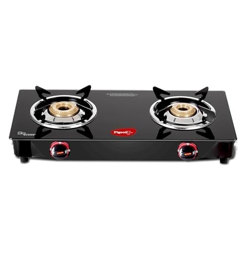 Pigeon Ignia 2 Burner Gas Stove | Brass Burner | Easy Cleaning | Toughened Glass | 2 year Warranty