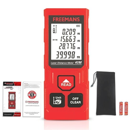 FREEMANS PROECO-L40 40m Laser Distance Meter with Area, Volume, Pythagorean Measurement and Self-Calibration Function, Carry Bag and Batteries Included, Best Suitable for Indoor Measurements