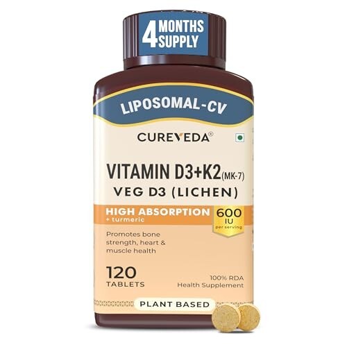 Cureveda Liposomal Vitamin D3 600 IU + Vitamin K2-7 & Turmeric, 120 Tablets [₹300  Coupon]