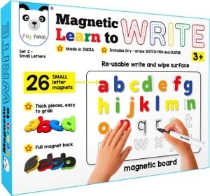 PLAY PANDA Magnetic Learn to Write Small Letters - includes Write and Wipe Magnetic Board, 26 Small Letter Magnets, Dry Erase Sketch Pen and Duster - Simplify teaching and learning (Blue)