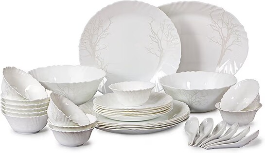 Cello Imperial Winter Frost Opalware Dinner Set, 11 inch Full Plate, 33 Units, White