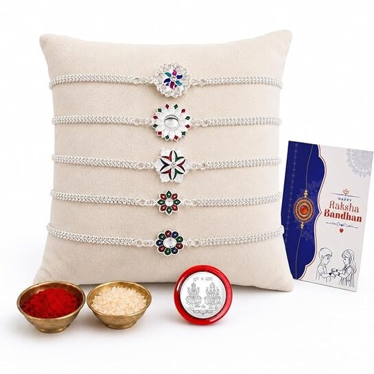 Raksha Bandhan Gift Set | 5 Elegant Rakhis, Silver Coin & Festive Essentials 