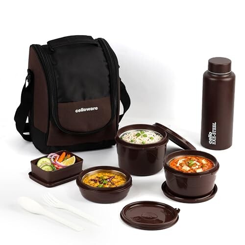 CELLO MF All In One Lunch Box with Bag for Office Use, Brown | 225ml, 375ml, 550ml Microwave Safe Containers, 175ml Salad Box, 900ml Bottle with Fork & Spoon, Airtight Leak Proof Tiffin Box for Travel