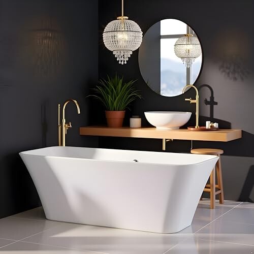 ERIS Freestanding Bathtub 170 cm – White Glossy Acrylic Soaking Tub with Overflow Drain, Brass Pop-Up Waste & Waste Pipe, 6-Layer Reinforced Standalone Bath Tub