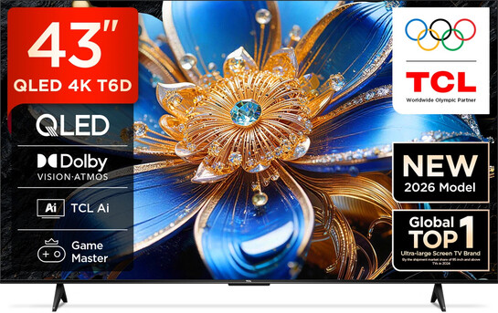 TCL T6D 107.95 cm (43 inch) QLED Ultra HD (4K) Smart Google TV 2026 Edition with HDR10+ Dolby Vision- Atmos 28W HVA Panel TCL AI Slim & Uni body Design (43T6D)