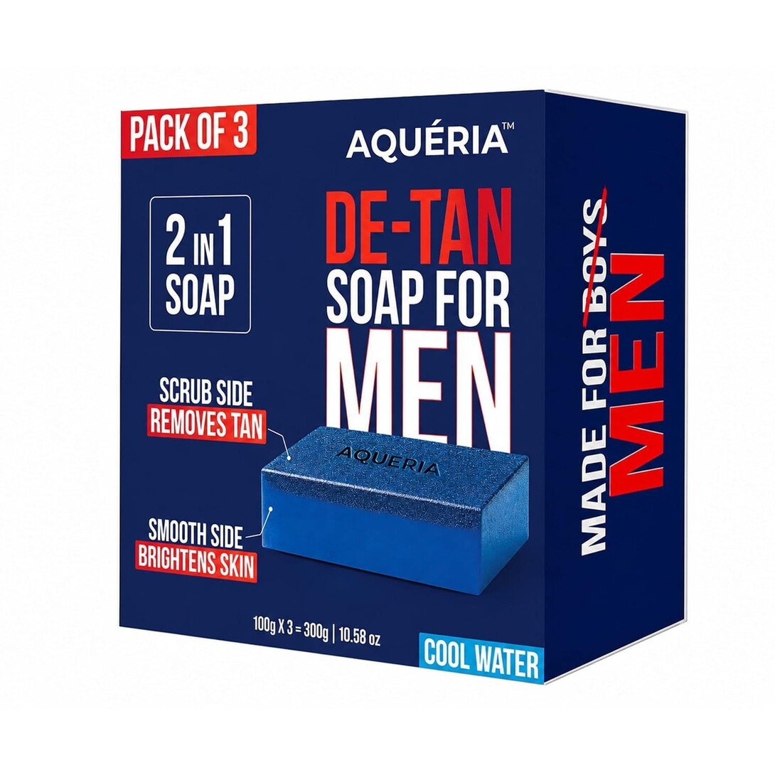 Aqueria De-Tan & Brightening 2-in-1 Bath Soap for Men | Cool Water Perfume | Scrub Side for Tan Removal & Gentle Exfoliation | Smooth Side for Skin Brightening & Hydration | Deep Cleansing Face & Body Soap For Fresh, H