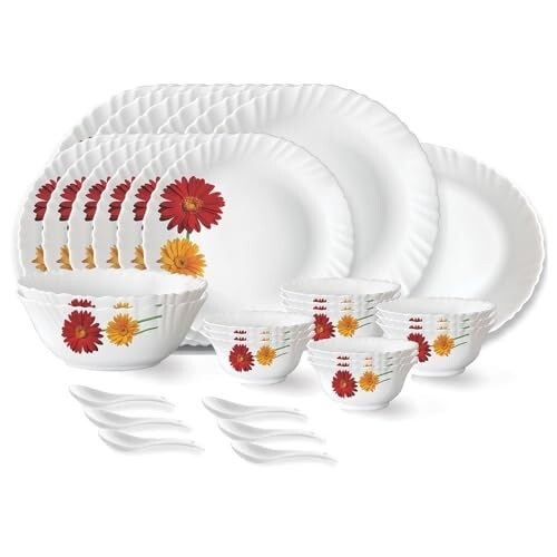 Larah by Borosil Zinnia Fluted Series Opalware Dinner Set | 33 Pieces for Family of 6 