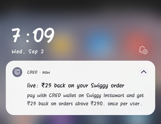 Cred wallet:25 back order on instamart above 250