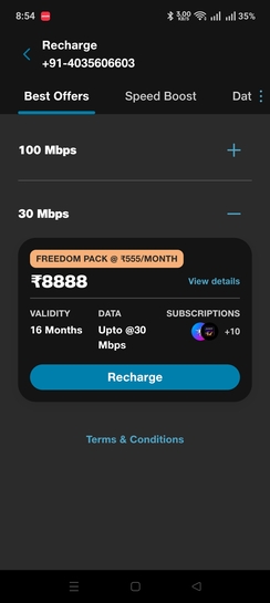Jio fiber Freedom Pack 30 mbps @8888 for 16 months plan