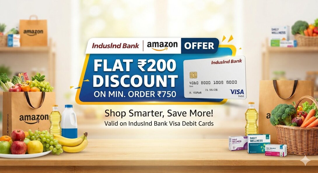 Amazon × Indusind Visa Debit Card - Flat Rs 200 Discount on Min Order Rs 750 (Pharma, Fresh & Grocery)
