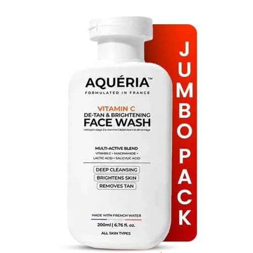 Aqueria Jumbo 200ml Face Wash For De-Tan & Brightening Vitamin C | With Lactic Acid & Niacinamide | Deep Cleansing Face Cleanser for Tan Removal, Pigmentation, Dark Spots, Dull & Uneven Skin Tone 