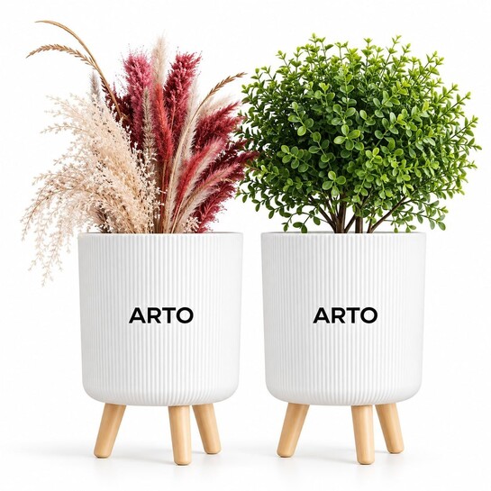 Arto Ribbed Planter Pot Set with Wooden Legs – White Indoor Plant Stand | Set of 2 Modern Mid‑Century Planter Pots for Home Decor | Elevated Plant Stands for Living Room, Balcony