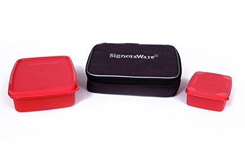SignoraWare Compact Lunch Box Set of 2 With Zipered Bag, Bpa Free Plastic, Microwave Safe Food Grade Tiffin Boxes Office School, Leak Proof Air Tight (550ml+150ml, Rectangular, Red)