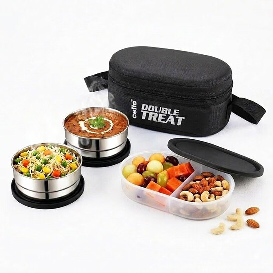 CELLO Double Treat Set of 3 Pcs Lunch Box for Office Use with Jacket Black | 2 x300ml