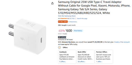 Samsung 25W Original Adapter @ 600/- only