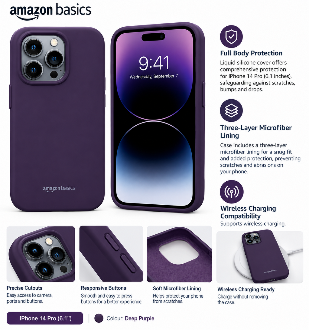 Amazon Basics Basic Case for iPhone 14 pro (Silicone_Deep Purple)