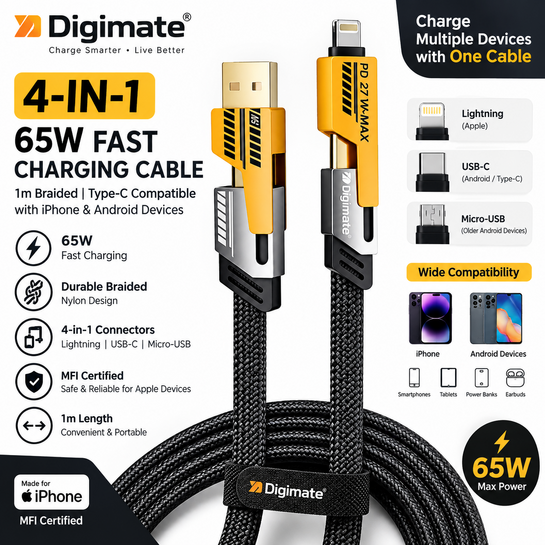 4-in-1 65W Fast Charging Cable 1m Braided Type-C Compatible with iPhone & Android Devices (Black)