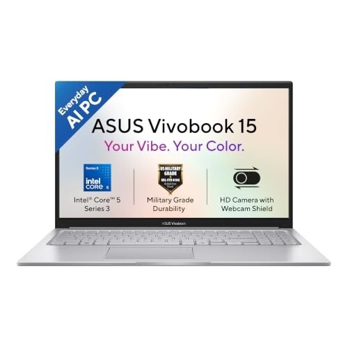 ASUS Vivobook 15 (2026),Intel Core 5 320 (Series 3-Latest Gen),Fingerprint Sensor,Intel iGPU,16GB/512GB,FHD,15.6"(39.6 cm),Win 11,M365 Basic(1Y),Office 24,Cool Silver,1.7 Kg,X1504MA-BQ125WS, AI Laptop