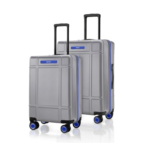SNITCH Blink 2Pc Set Silver Polycarbonate Hard Travel Suitcase - Trolley Bag Set of 2 & Luggage with 8 Wheels, Premium Lock, Wet & Dry Pouch & Free Shoe Bag