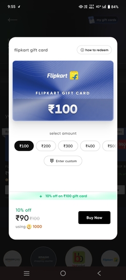 Cred - Flipkart 100rs gift card @10%