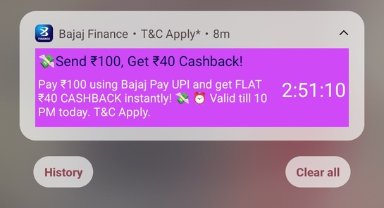 Bajaj pay - flat 40 cashback on 100rs P2P payment (maybe user specific)