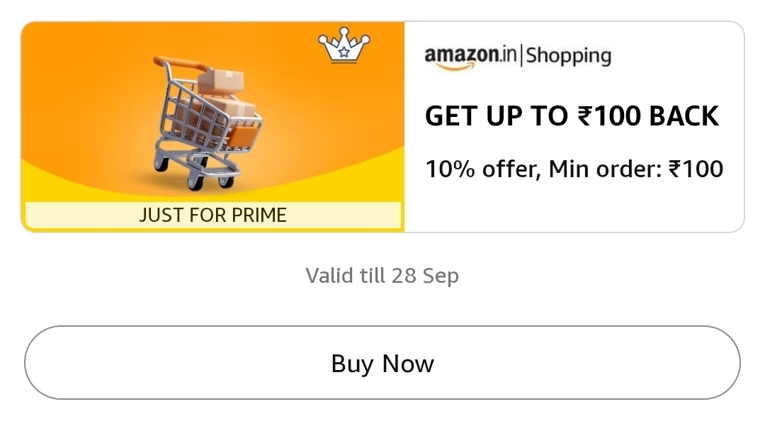 Amazon - Get 10% back upto ₹100 on min order value of ₹100 [Just for Prime]