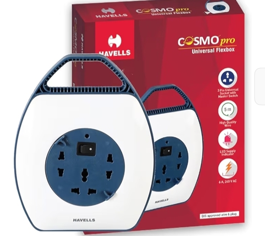 Havells Cosmo Pro 3+1 Reel| Extension Board - 5 Mtr ISI Marked Cable|3 Pin & 2x2 Pins Universal Sockets with Master Switch| LED Indicator| 6A, 240 Volts| Ultra-Smooth Rotation