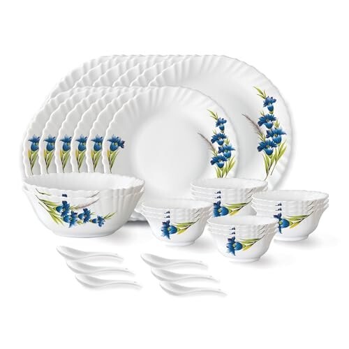 Larah by Borosil Nina Fluted Series Opalware Dinner Set | 33 Pieces for Family of 6 | Plates & Bowls | White