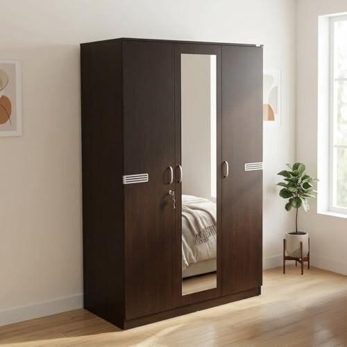 Nilkamal Riva 3 Door Wooden Wardrobe with Mirror for Bedroom | Engineered Wood | Wenge