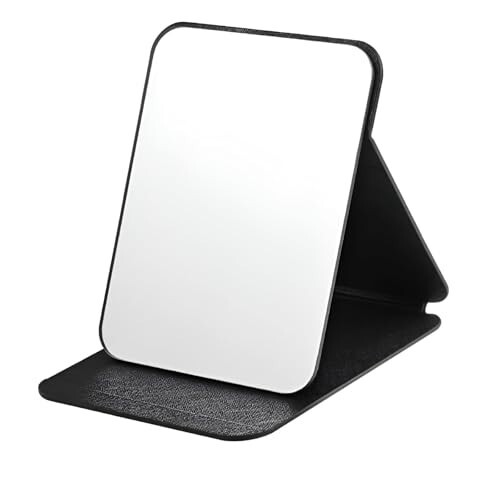 Foldable Makeup Mirror with Stand, Compact Portable Folding Free Standing Travel Vanity Mirror, Frameless PU Leather (Round Edge Black 1 PCS)