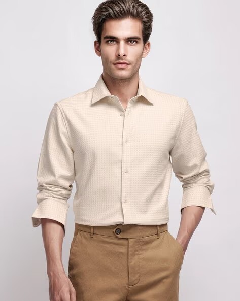 Men's Long Sleeve Regular Fit Oxford Shirt with Curved Hem