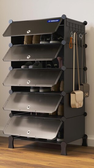 BOXJOY 5 Shelf Shoe Racks with 5 Doors, 5 Hook Steel Holder & Wooden Hammer