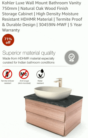 [HDFC credit card : 12 month EMI] Kohler 30459IN-MWF Luxe Wall Mount Bathroom Vanity 750mm with 5 years warranty | Natural Oak Wood Finish Storage Cabinet | High Density Moisture Resistant HDHMR Material
