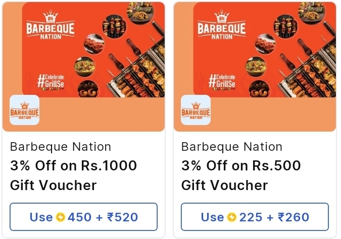 Supercoins - 48% off on Barebeque Nation Rs500 gv at Rs260 with 225 supercoins