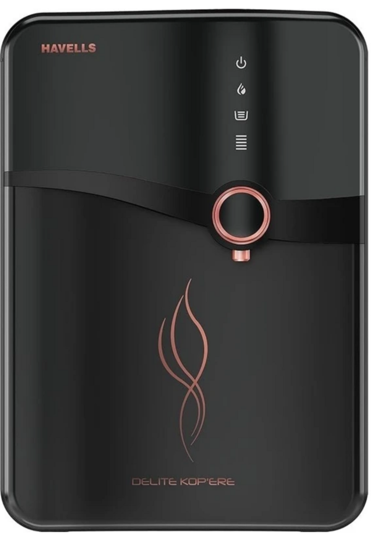 HAVELLS Delite Kop'ere 6.5 L RO + UV Water Purifier Stainless Steel Tank,Copper+Zinc+Minerals| Suitable for all - Borewell, Tanker, Municipality Water (Black)