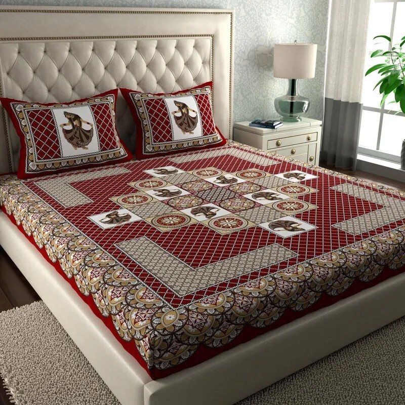 CLOTHOLOGY 144 TC Printed Double Bed Flat Sheet Set (Crimson Red, Warm Beige, White)