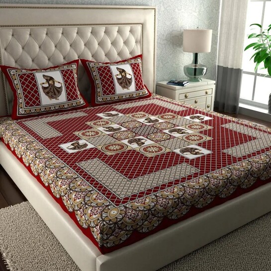 CLOTHOLOGY 144 TC Printed Double Bed Flat Sheet Set (Crimson Red, Warm Beige, White)