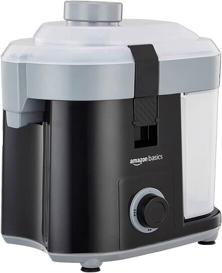 amazon basics 450 W CENTRIFUGAL JUICER WITH PUSHER | REMOVABLE PULP CONTAINER | SS MESH FILTER & 3 SPEED SETTINGS I FOR JUICING FRUITS | VEGITABLES & MORE | ISI-MARKED | BLACK 450 Watts