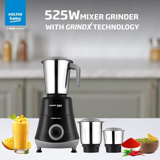 Voltas Beko G5253HP-BG 3 Jar Black and Grey 525 W Mixer Grinder with two years warranty on the motor