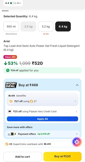 Ariel Top Load And Semi Auto Power Gel Fresh Liquid Detergent (6.4 kg)