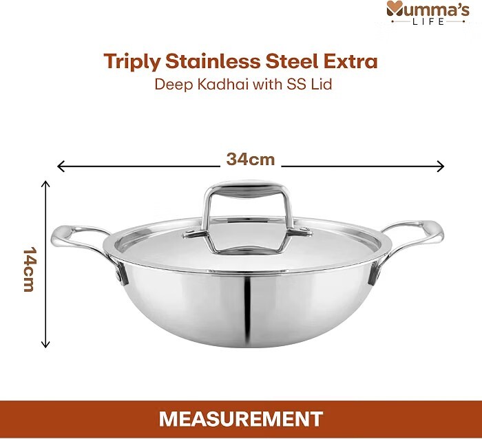Mumma's LIFE Tri-Ply Stainless Steel Induction Compatible Extra Deep Kadai with Stainless Steel Lid, 26cm, 4.1 Liter, (Silver)