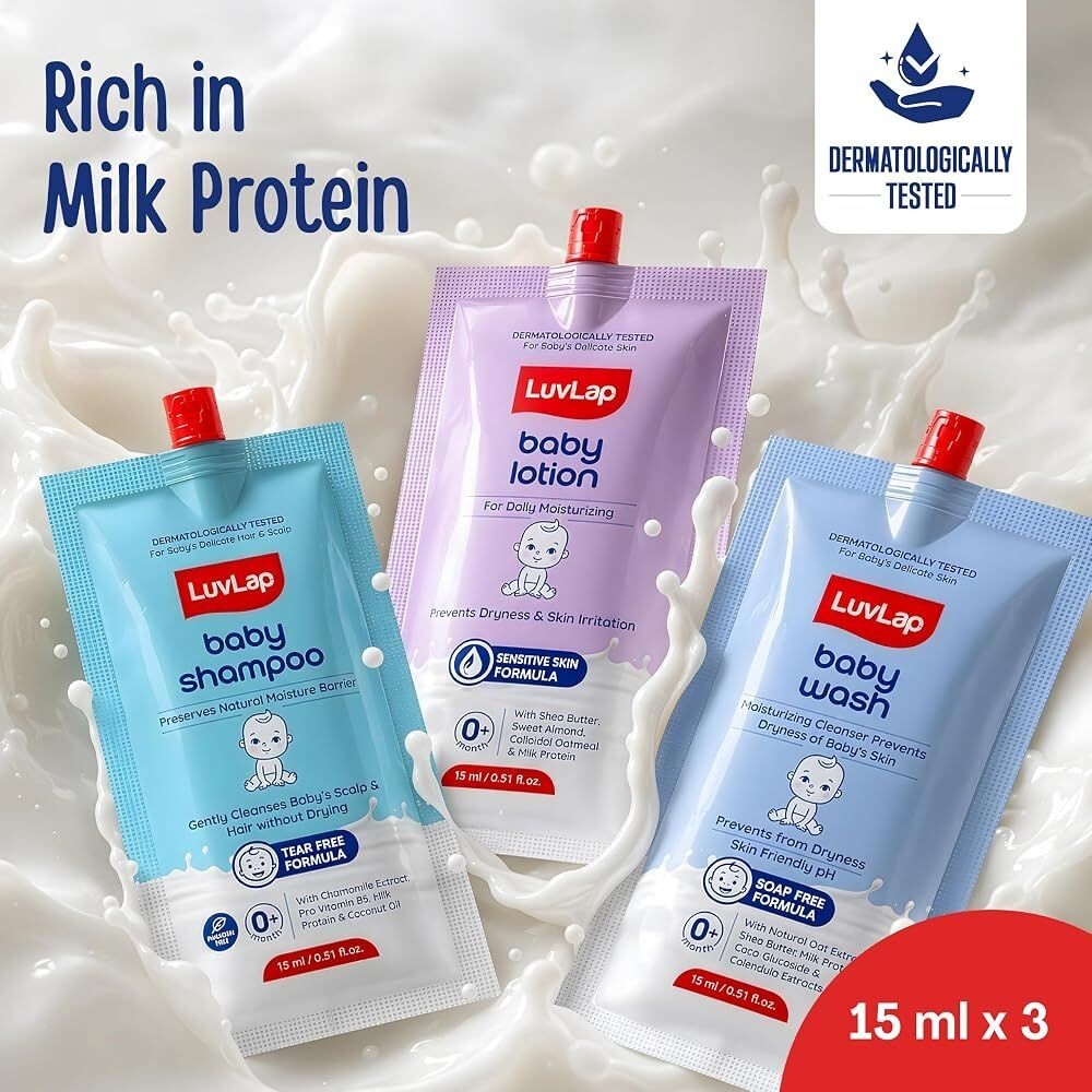 LuvLap Baby Wash, Baby Shampoo, Baby Lotion Combo 15ml each @9 & Everteen Skinthin Ultra Thin Sanitary Pad - XL  XL, 2 Pcs@9