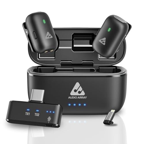 Audio Array Wireless Mic | AI Noise Cancellation Mic, iPhone/Android Compatible, 32H Charging Case, Plug & Play for Vlogging, Streaming, Meetings & Video Recording