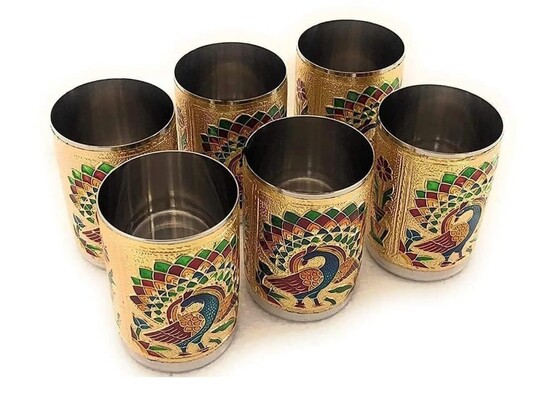 Stainless Steel Meenakari Peacock Design Glass Set of 6 Decorative Tumblers with Storage Bag,  Durable Gift for Weddings & Festivals