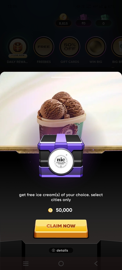 Cred - free NIC icecream worth 200rs using 50k cred coins 