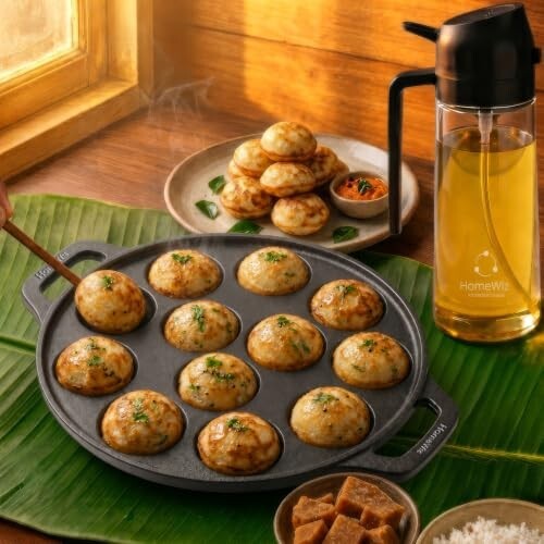 HomeWiz Cast Iron Appe Pan 12 Cavity 26 cm | Free Oil Dispenser 500ml | Naturally Non-Stick | Works On Induction & Gas