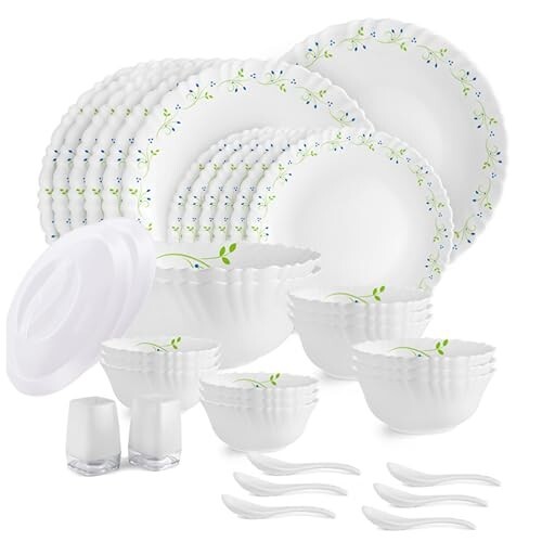CELLO Tropical Lagoon Dazzle Series Opalware Dinner Set of 37 Pieces For Family of 6 Microwave & Dishwasher Safe Plates & Bowls Crockery Set For Dining & Gifting