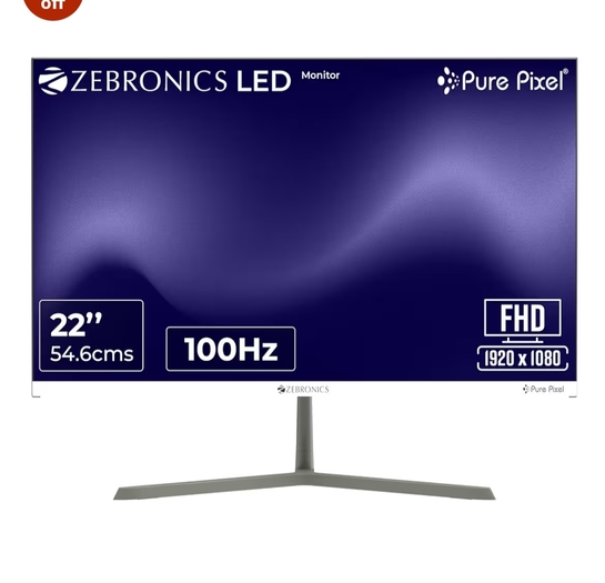 Zebronics Full HD LED Monitor, 21.5" Anti-Glare Screen, 100HzRefresh Rate, Ultra Slim