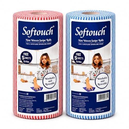 Softouch Non Woven Kitchen Towel Roll Pack of 2, 85 Wipes Per Roll – Reusable Cleaning Cloth Kitchen Cleaning Wipes for Countertop, Utensils, Oil, Spills, Home & Kitchen Cleaning