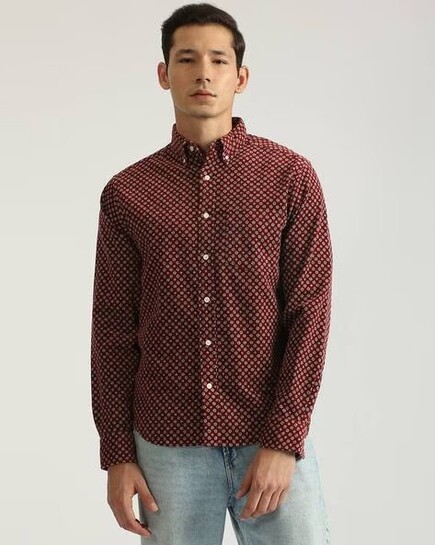 GANT Men's Red Geometric Print Regular Fit Button-Down Cotton Shirt